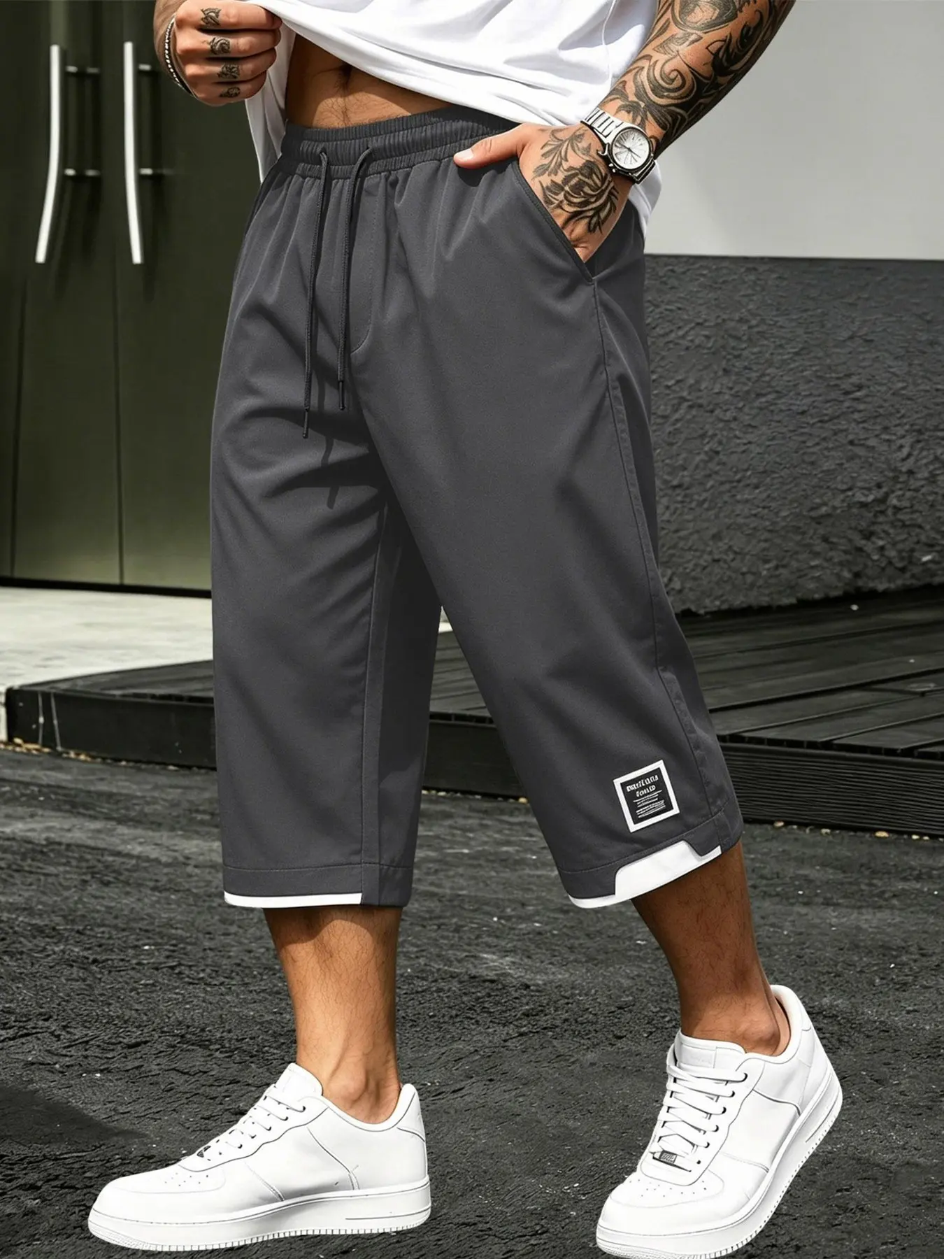 Men's Comfortable Casual Capri Pants, Adjustable Drawstring Elastic Waistband, Colorblock Leg Design, Perfect for Daily Wear and Summer