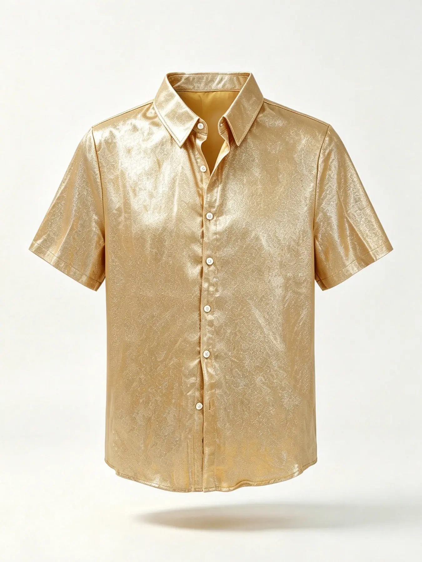 Men's Shiny Metallic Gold Short Sleeve Casual Collared Button Down Shirt, Glossy Glitter Lapel Party Shirt Loose Fit For Nightclub Stage Show Bar Club Holiday Evening Outfit