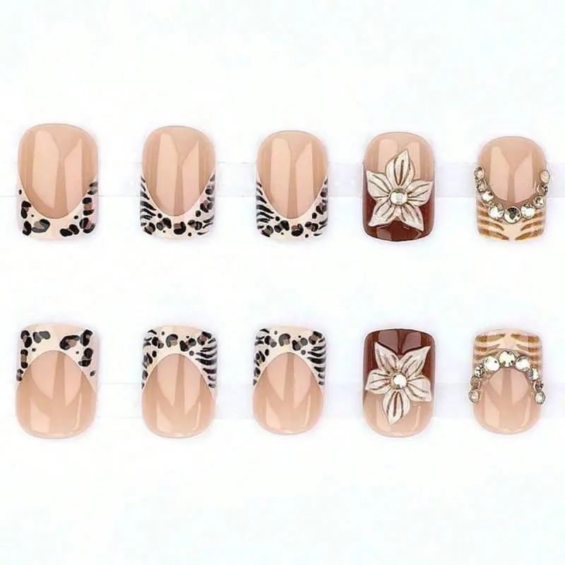 24pcs French Short Square Press On Nails Set With 3D Embossed Leopard Print Floral Rhinestone Decorations Includes 1pc Jelly Gel And 1pc Nail File Reusable Artificial Nail Tips For Women Girls Party Date Daily Wear Sweet Cool Stylish spring