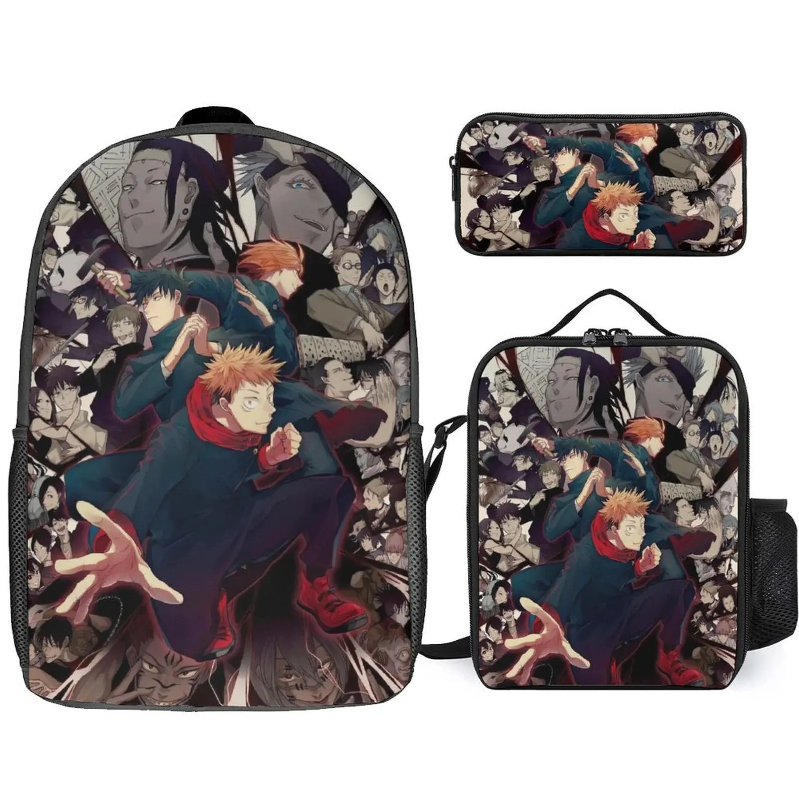 Jujutsu Anime Kaisen Yuji Itadori Backpack Set, 3 Piece Backpack Set With Lunch Box Pen Box , High Capacity Bookbag Lunch Bag Pencil Case Workplace Travel