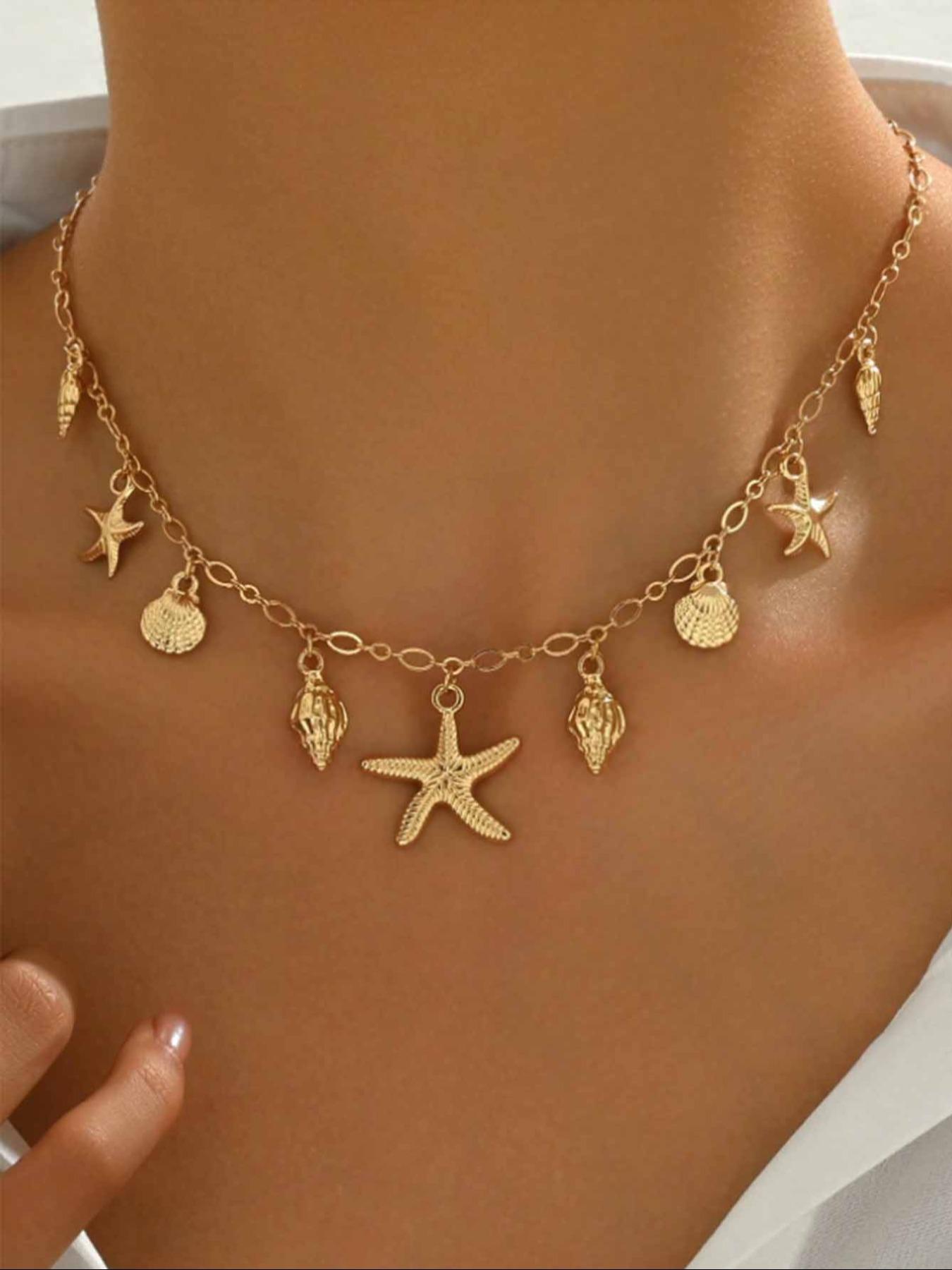 Women's Boho Style Starfish & Shell & Conch Design Layered Necklace, Vintage Trendy Pendant Necklace, Chic Jewelry As Gift for Girlfriend, Daily Wear Necklace, Dainty Necklace