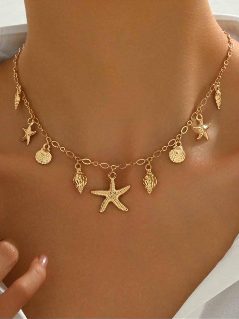 Women's Boho Style Starfish & Shell & Conch Design Layered Necklace, Vintage Trendy Pendant Necklace, Chic Jewelry As Gift for Girlfriend, Daily Wear Necklace, Dainty Necklace