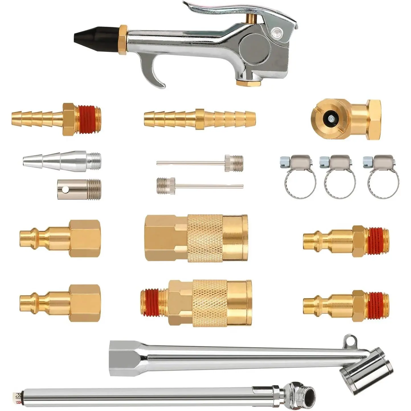 Air Hose Fittings 1/4 Inch NPT Brass Quick Connect Coupler and Plug, 20 count Air Compressor Accessory Kit with Blow  and Tire Gauge