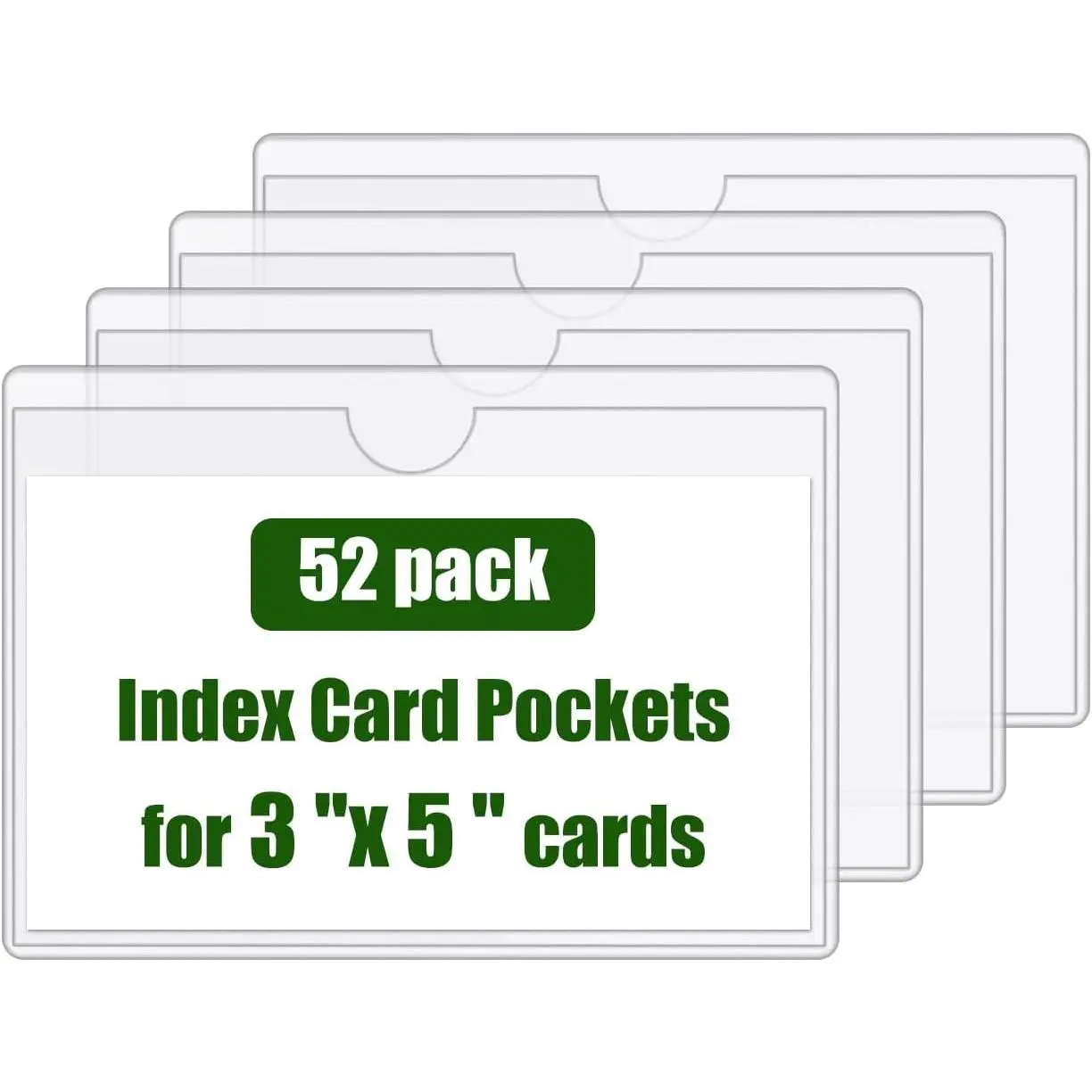 52 Pack Label Pockets for Storage Bins, 3x5 Sticky Index Card Holder |  Clear Adhesive Pockets 3'' x 5'', Plastic Labels for Tote Library, Classroom Box Organization
