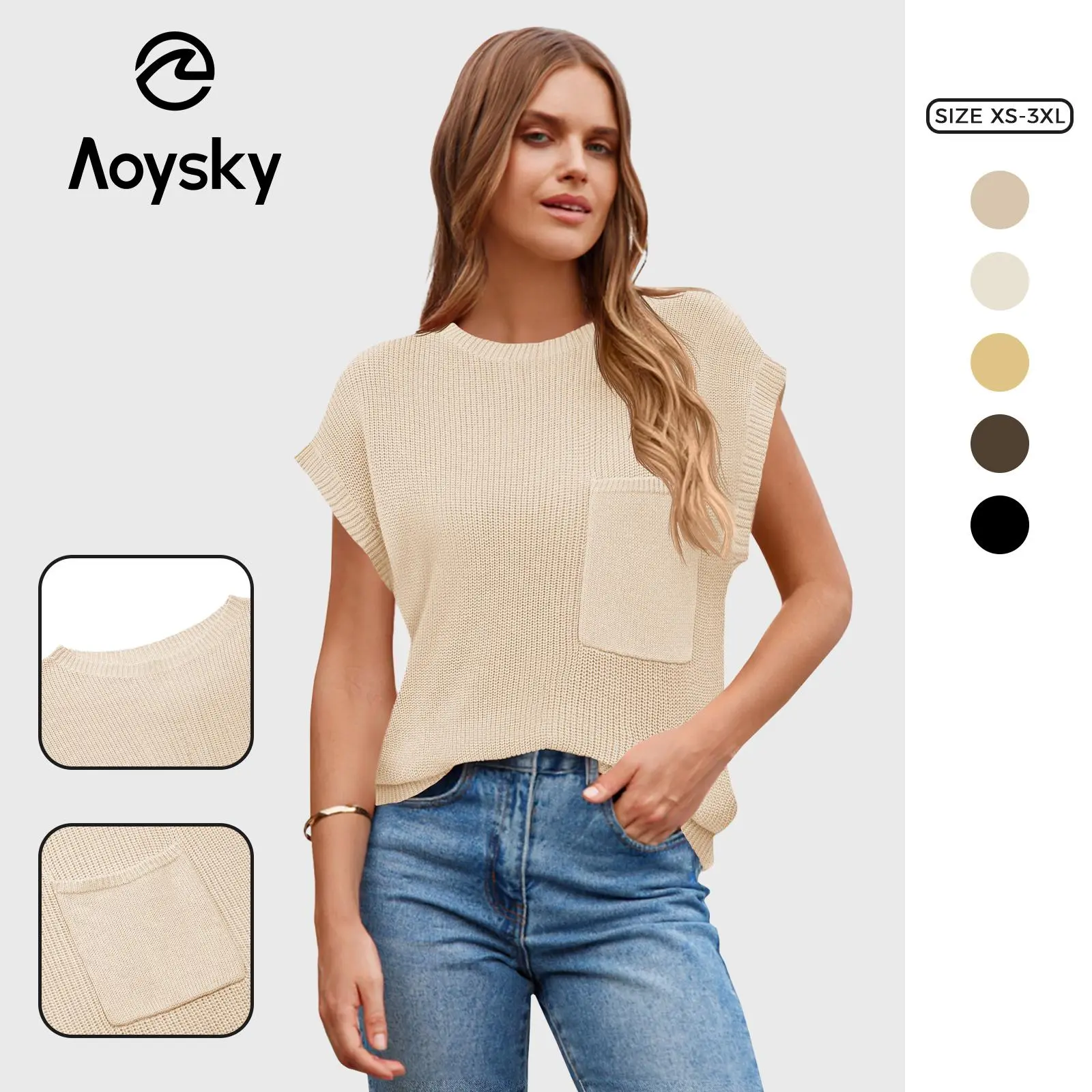 Aoysky Women's Cute Cotton Crew Neck Ribbed Knit Tank Top Vest - 2026 Trendy Shortsleeve Contemporary Cozy Plus-Size Non-Button Pullover for Summer-Fall Loungewear, Black & Army Colors (Cap Not Included), Contemporary Women's Pullovers
