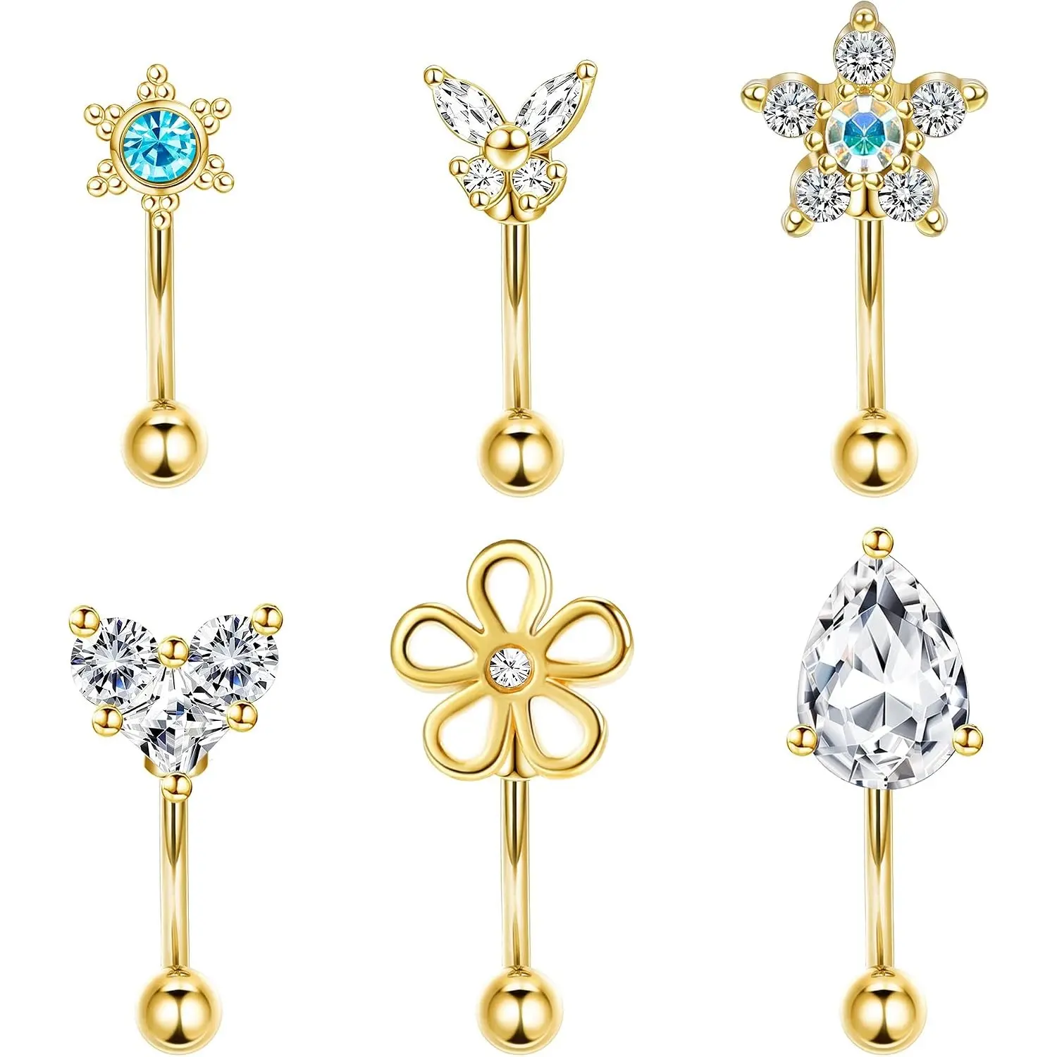 6 Pcs 16G Rook Daith Earrings for Women, Stainless Steel Belly Button Ring, Lip Ring, Cartilage Tragus CZ Body Piercing Curved Barbell Eyebrow Rings 8mm