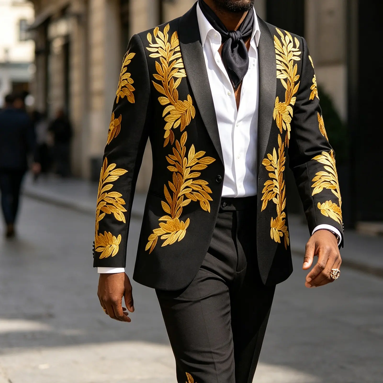 Men's 2-Piece Black Tuxedo Set - Luxury Gold Leaf Embroidery Shawl Lapel Satin Long Sleeve Jacket & Matching Trousers, Fashion Smooth Formal Outfit for Wedding, Prom