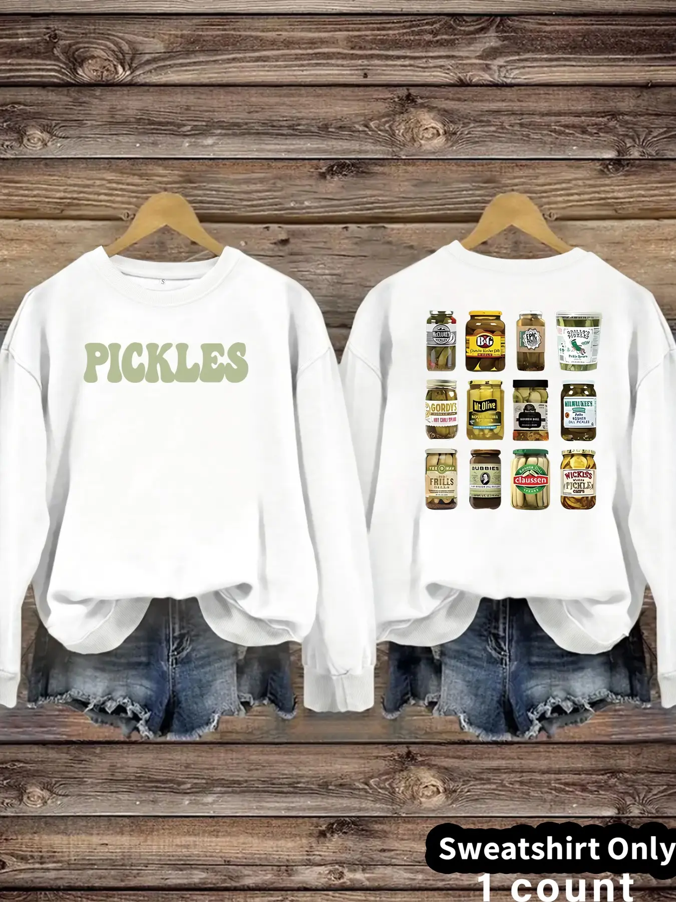 Women's Casual Fleece Sweatshirt, Vintage 'pickles' Print, Round Neck, Long Sleeve, Comfortable & Stylish