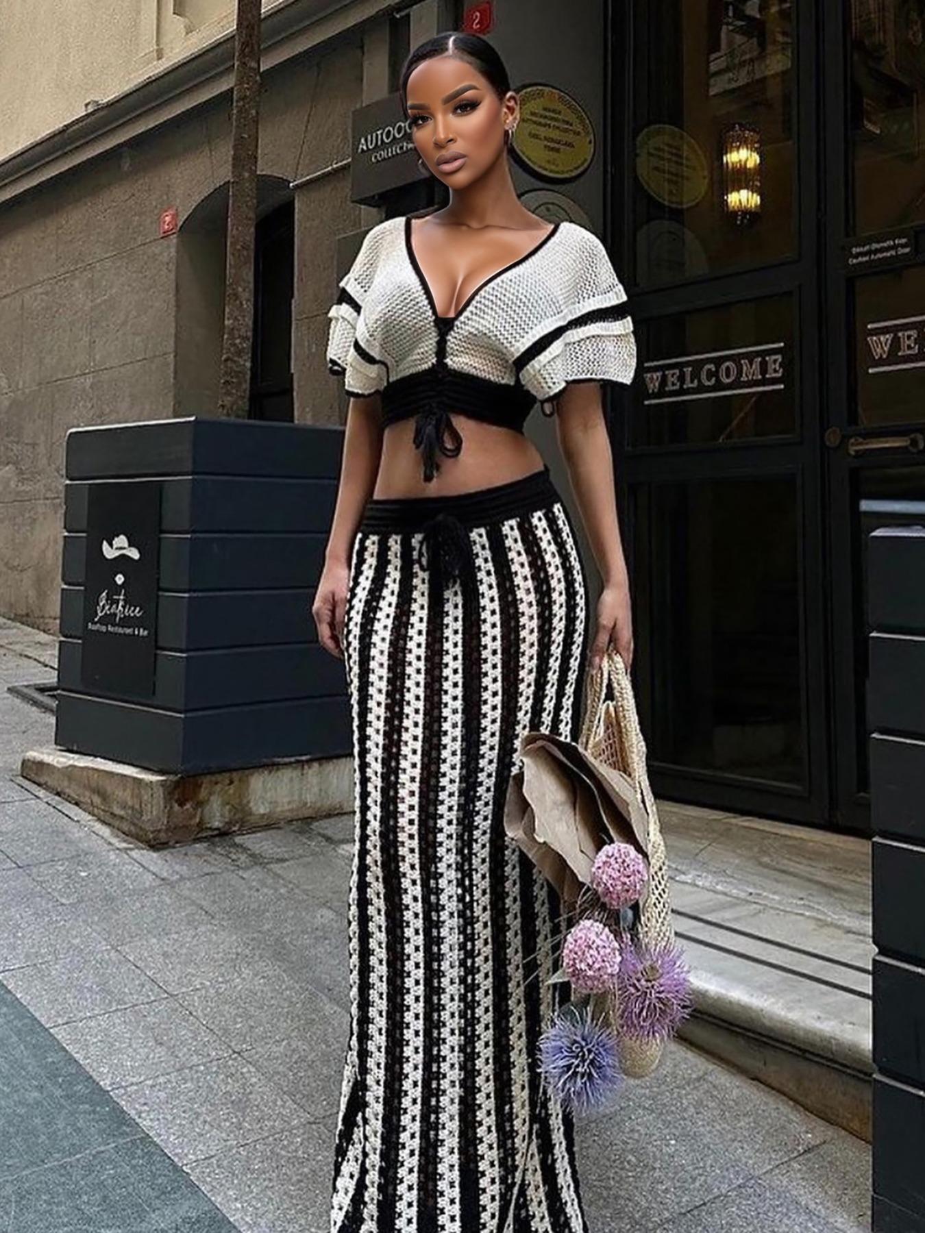 Two-piece Set Women's Colorblock Top & Striped Pattern Hollow Out Long Skirt, Casual Fashion Knitwear Set for Summer, Women's Clothing for Beach Vacation, Outfit Clothe Matching Skirt Set