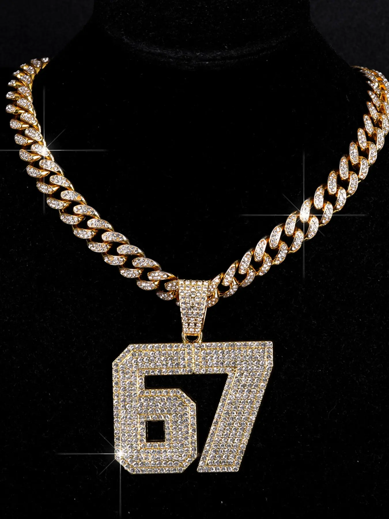 Digital 67 Pendant Necklace Set, Zinc Alloy Rhinestone Jewelry, Trendy Street Dance Style, Versatile Cuban Chain Accessory