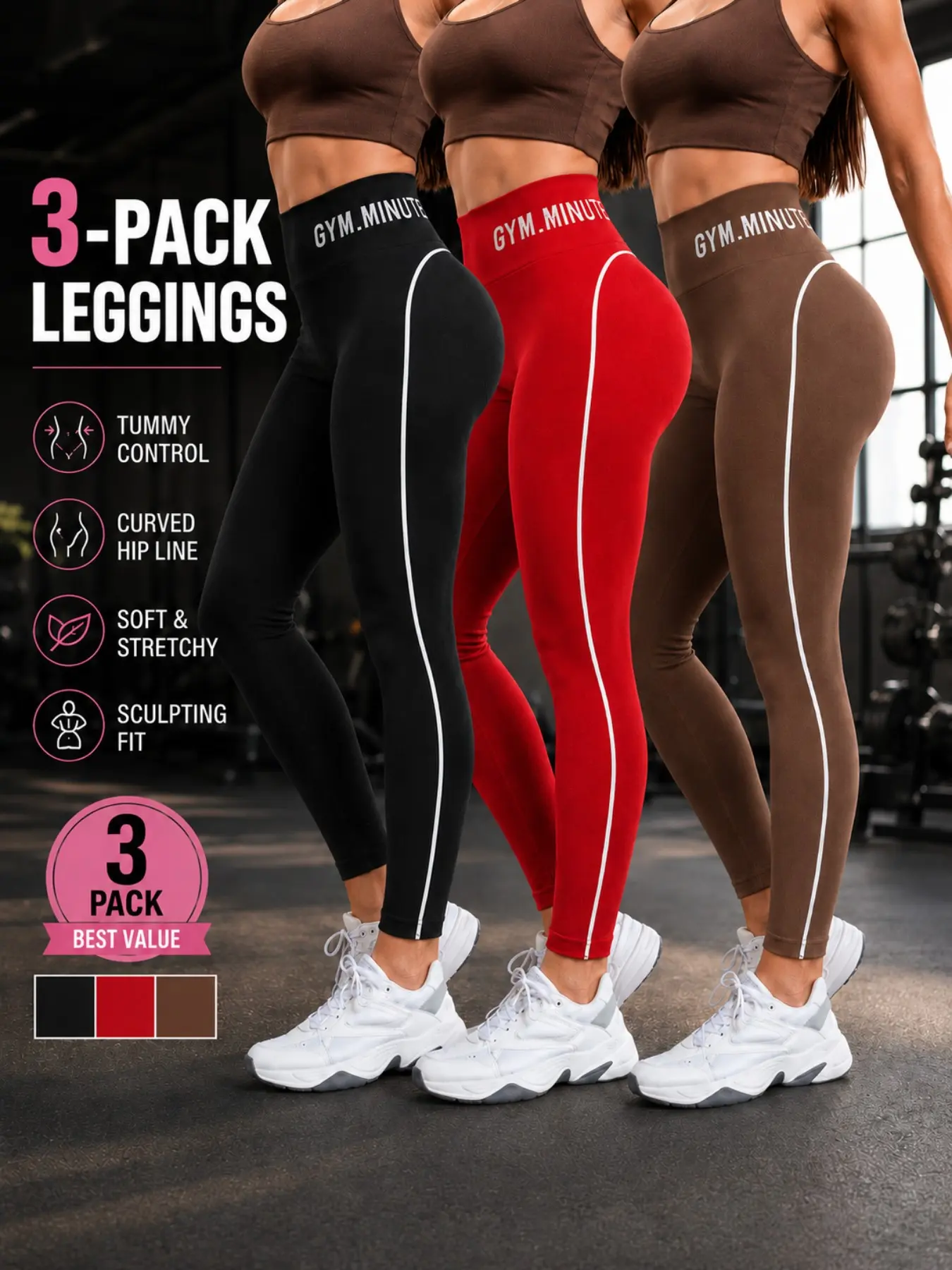 Women's Tight Yoga Leggings, Line Color Block Design With GYM.MINUTES Letter Print, High Waist Tummy Control Butt Lifting Slim Fit Long Pants For Pilates Training & Daily Outer Wear