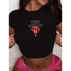 Lips Tongue YES DADDY Women'S Fashion Short T-Shirt, Women's Short Sleeve Ribbed Crop Tee –, Lightweight & Versatile For Everyday Wear