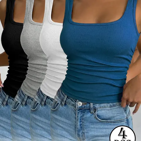 Women's Square-Neck Ribbed Tank Top (4-Pack): A high-stretch, slim-fit basic camisole featuring wide straps—a sleeveless layering piece perfect for casual everyday wear in summer and autumn, Bodycon