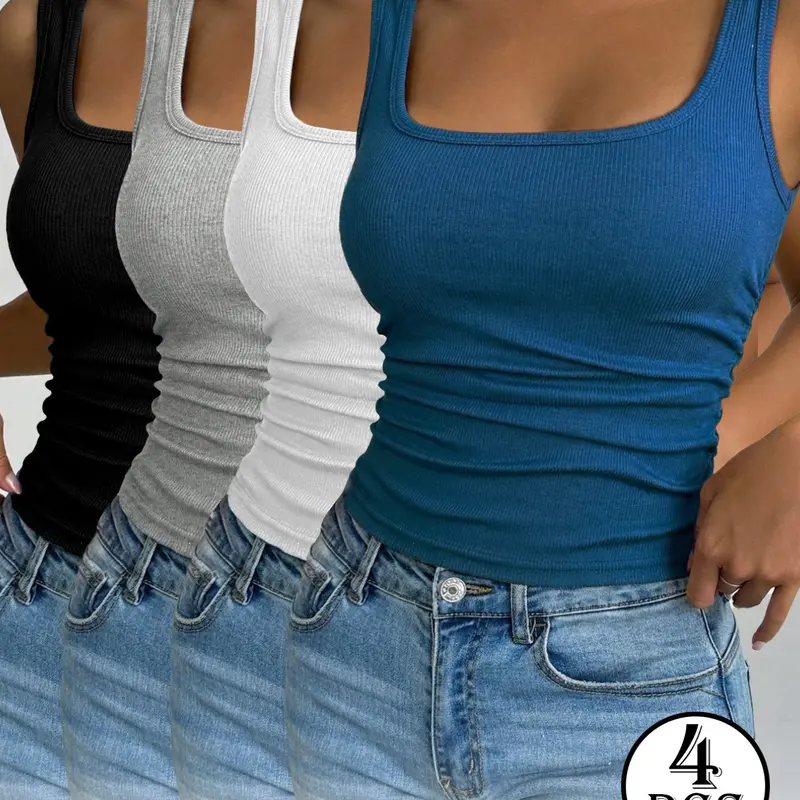Women's Square-Neck Ribbed Tank Top (4-Pack): A high-stretch, slim-fit basic camisole featuring wide straps—a sleeveless layering piece perfect for casual everyday wear in summer and autumn, Bodycon