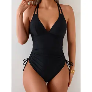 Black sculpting-piece swimsuit, thoughtfully designed to lift the buttocks and accentuate the curves, with exquisite and durable metal textured fasteners, full coverage design comfort and peace of mind, suitable water play and vacations