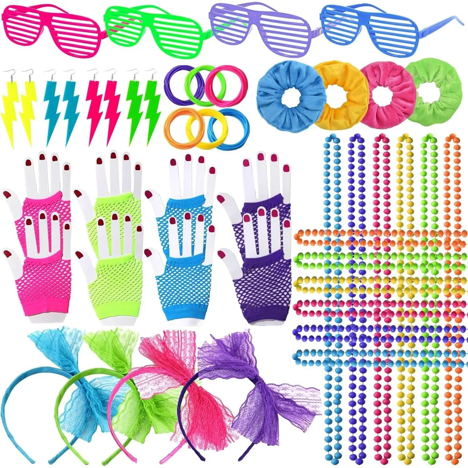 80s 90s Hip Hop Party Favors & Birthday Supplies, Neon Accessories Set with Earrings, Glasses, Gloves, Necklace, Slap Bracelet, Hair Scrunchies, Party Decorations(Gift)