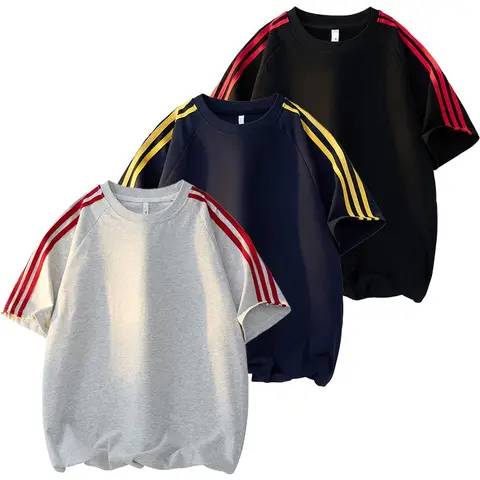 Men's Retro 2-Stripe Cotton T-Shirt - Loose-Fit Round Neck, Breathable Casual Summer Top for Couples, Menswear