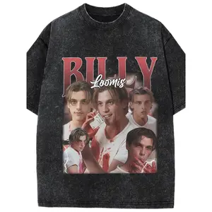 Vintage Distressed Washed T-Shirt Men Billy Loomis Scream Horror Movie Multi Blood Photo Collage Red Gradient Chrome "BILLY" Cursive "Loomis" Retro Bootleg Graphic Oversized Crew Neck Tee For Horror Slasher Film Fans Daily Street Outfits