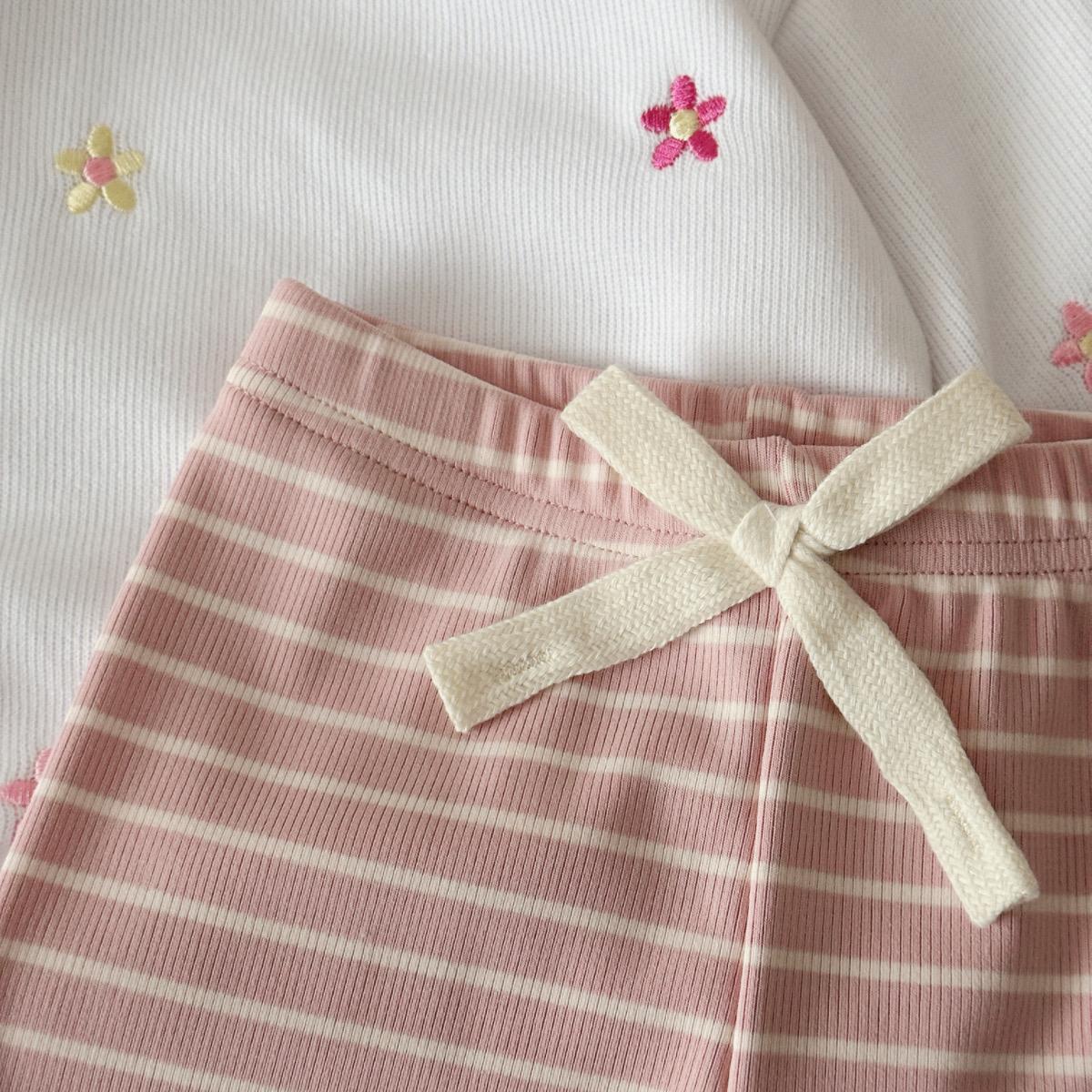 Spring Autumn Baby Two Piece Set Colorful Flower Embroidery White Sweatshirt + Pink Striped Loose Long Pants Toddler Outfit