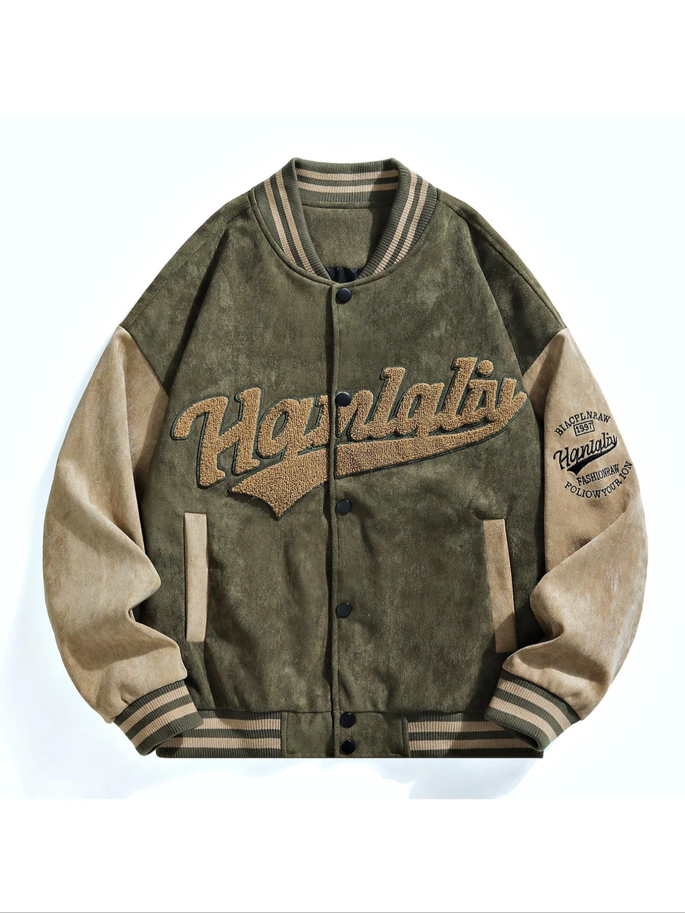 Men's Patchwork Letter Embroidery Button Front Vintage Varsity Jacket, Casual Drop Shoulder Long Sleeve Baseball Collar Outerwear for Fall & Winter, Men's Clothes for Daily Wear