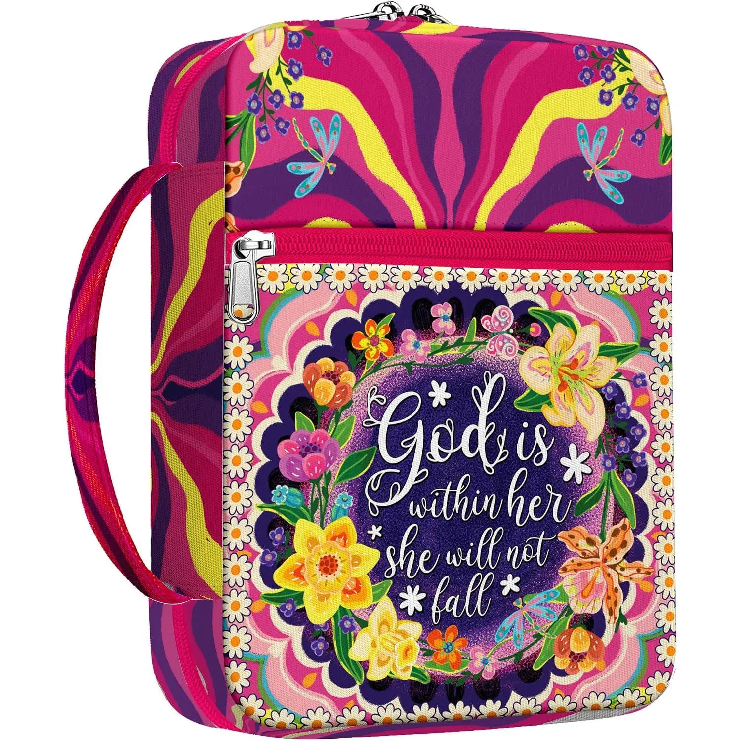 Floral Faith  Cover for Women, God is Within Her She Will Not Fall, Christian Canvas  Case with Handle and Zipper Pocket, Fits Standard Size , Inspirational  for