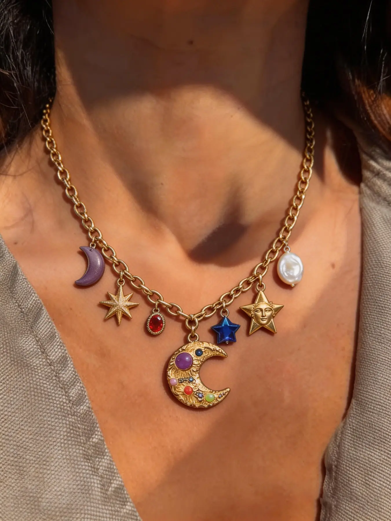 Sweet Cool Dopamine Style Stainless Steel High Color Retention Multi-Element Oil Drop Heart Moon Pendant Necklace for Women