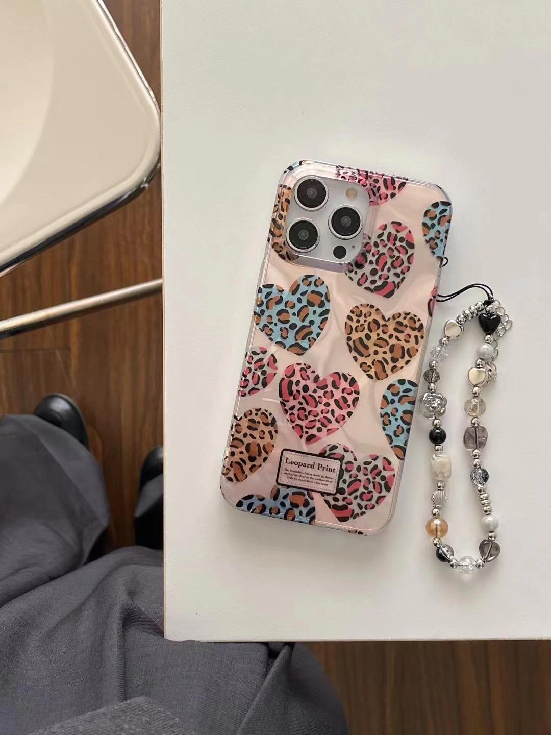 Sweet Cool Leopard Print Love Heart Phone Case with Chain for iPhone 17 Pro Max 16 15 14 13