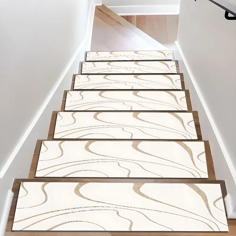 6/8/15pcs Diatom Mud Stair Treads, Super Absorbent Non Slip Carpet Mats for Wood Steps, Quick Drying Moisture Wicking Stair Runners,Minimalist Cream Golden Line Abstract Wave Anti Slip Washable Rugs for Dogs Kids Elderly