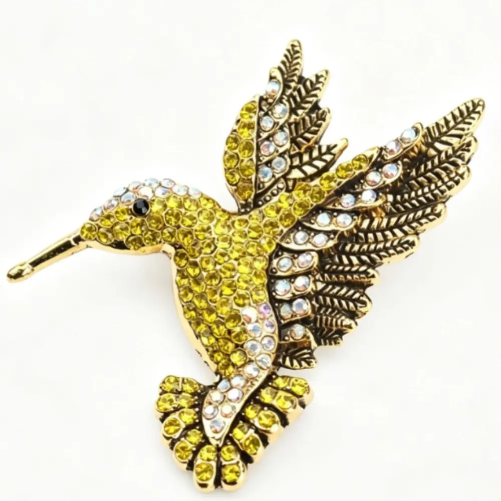 Full Pave Yellow AB Crystal Hummingbird Antique Gold Brooch Unisex Bird Lapel Pin Gift