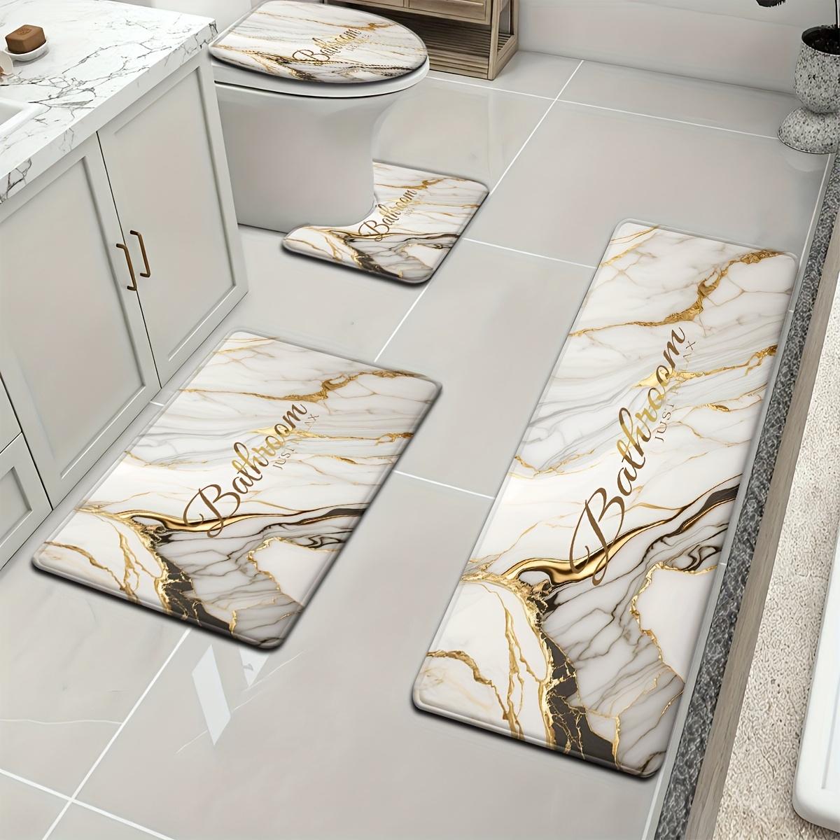 4-Piece Marble Pattern Bathroom Rug Set, Abstract Swirl Ink Fluid Art Bath Mat with "Just Relax" Print, Non-Slip Absorbent Bathroom Accessories with Toilet Lid Cover & U-Shaped Mat for Modern Bathroom Decor