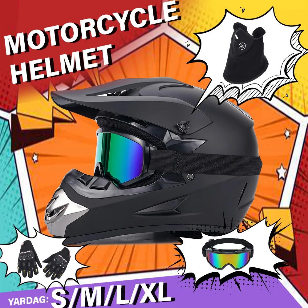 Off-road Motorbike Full Face Helmet For Adult Dirt Bike UTV Off-Road Helmet Goggles Gloves And Face Mask Matte Black DOT