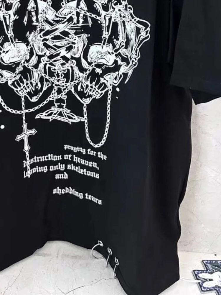 Yabi Hottie Gothic Dark Vintage Tops Subculture Y2k Print Short Sleeves Loose T-shirt Women Black Casual Clothes 2000s Chic Tees