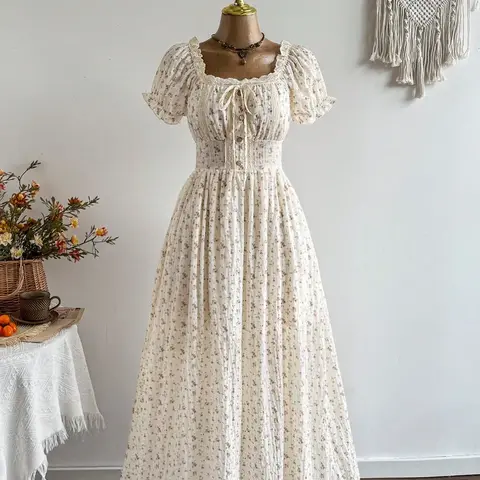 French Apricot Floral Square Neck Bubble Sleeve Waist Cinch Bohemian Vacation Gentle Style Women's Long Dress Boho Summer Holiday Boho Style Clothes