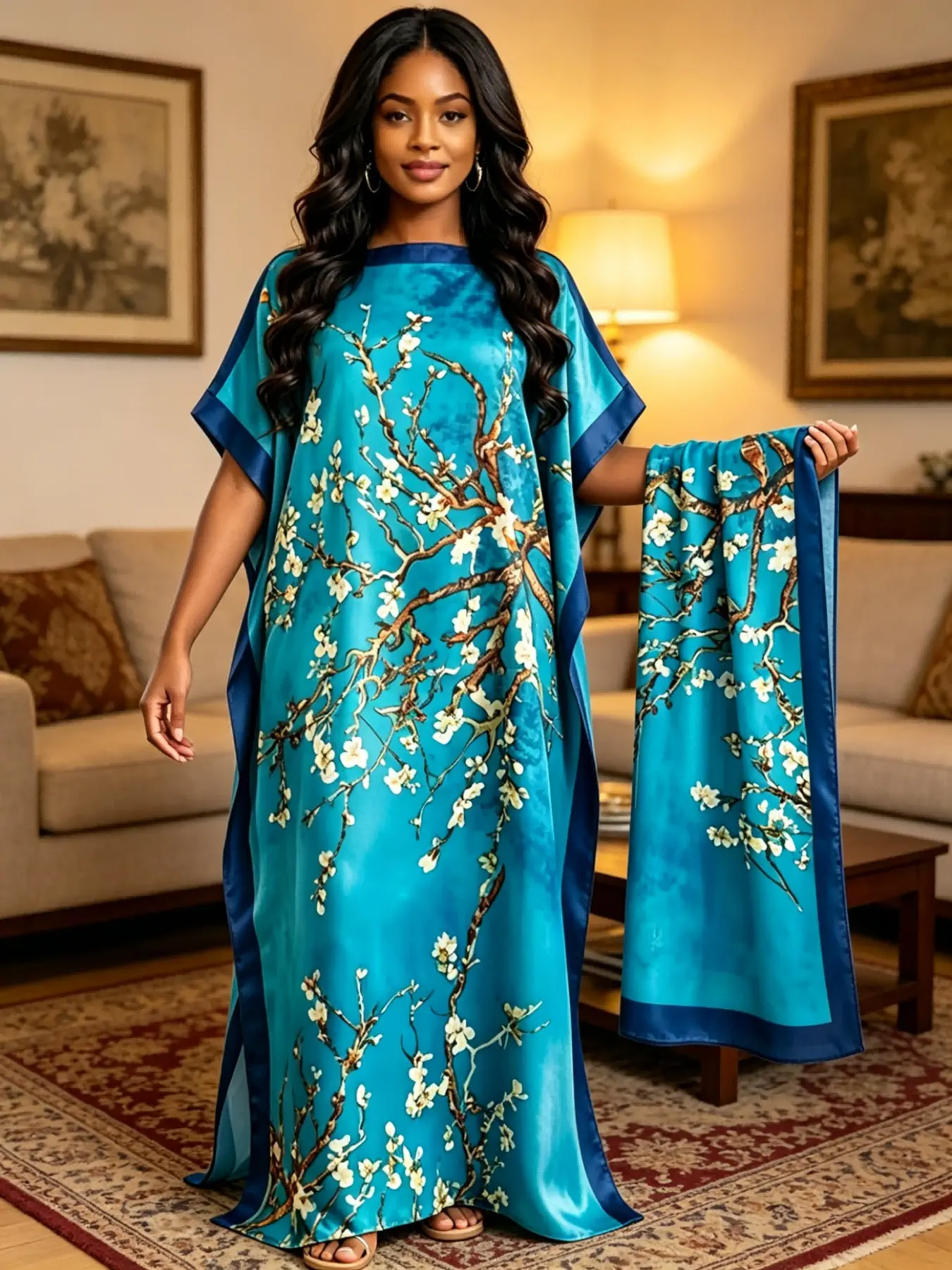 Women's Long Robe Two-Piece Set, Velvet Kaftan Sleepwear Loungewear, Blue Vincent Van Gogh Apricot Flower Art Print, Loose Fit, Home, Beach, Vacation