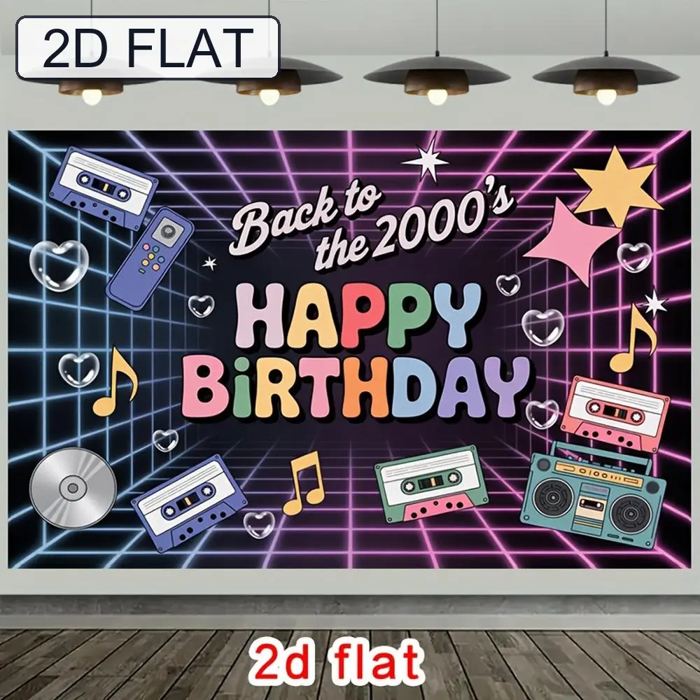 2D Flat - 2D Flat - This Is a 2D Flat Banner Featuring a Retro 2000S Birthday Theme with Cassettes, a Neon Grid, And Vibrant Typography. It'S Made of Polyester And Is Perfect for Decorating Parties in Various S