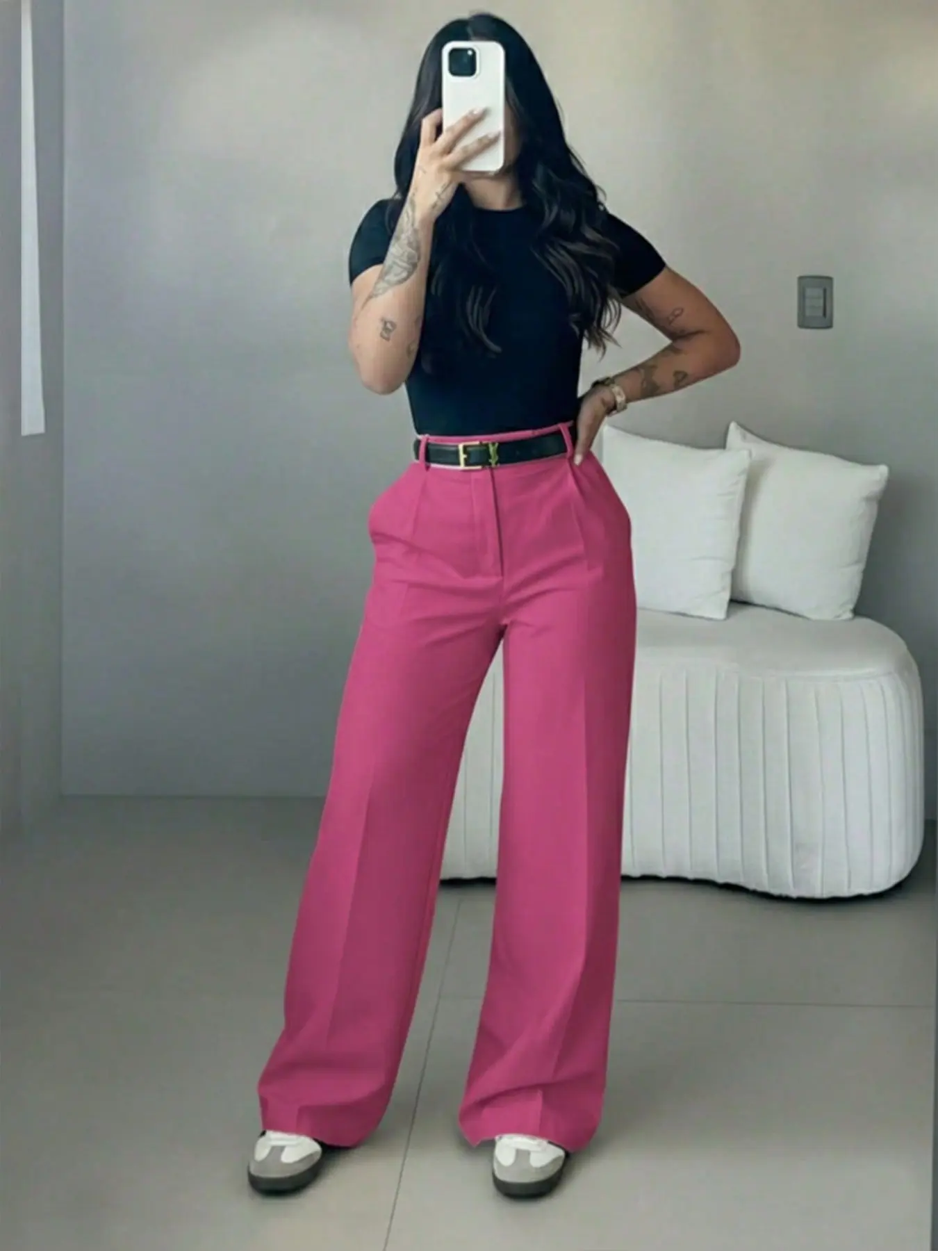 High-Waisted Wide-Leg Suit Pants, Loose Fit Flowy Long Pants, Front Pleat Straight Leg Casual Pants, European and American Office Streetwear Women's Clothing
