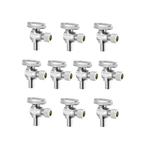 VEVOR 10 Pack Angle Stop Valve, Water Shut Off Valve 1/2 PEXx 3/8 OD Compression, 1/4 TurnChrome Plated Brass Shutoff Valves for Bathroom Kitchen Toilet Shower Plumbing
