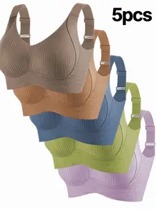 Women's 5 Pack Seamless Wireless Bra Set, Full Coverage Comfort Fit, Ribbed Stretch Fabric, Adjustable Shoulder Straps, Lightweight Support for Home, Office, Travel and Everyday Activities