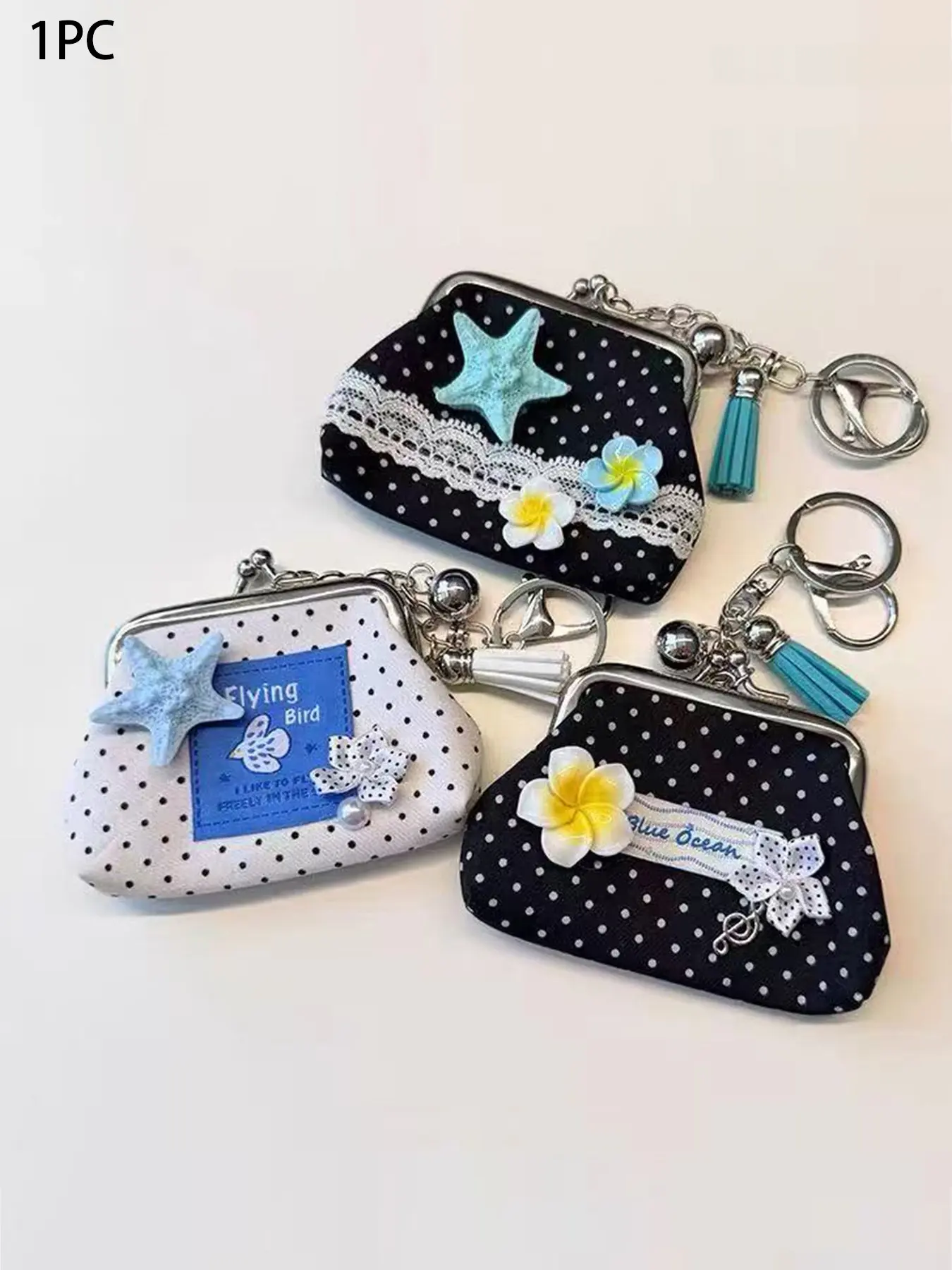 Niche design fresh polka dot clutch, multiple styles to choose from, with delicate and cute flower and starfish lace decorations. Perfect for carrying change, keys, and coins daily, a versatile and portable clutch.