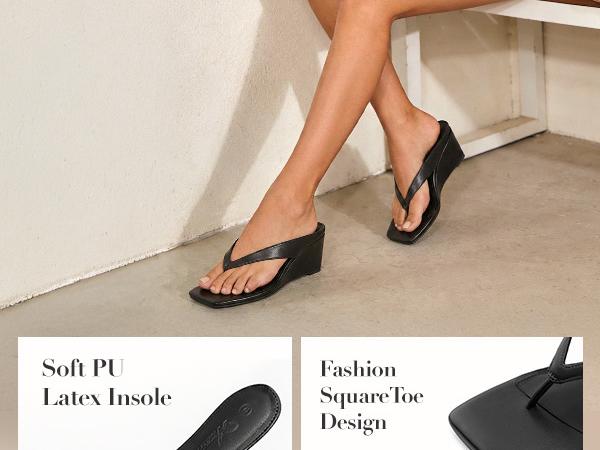 Athlefit Women's Low Wedge Sandals Trendy Dressy Square Open Toe Summer Beach Flip Flops Thong Heeled Sandals SpringStatements