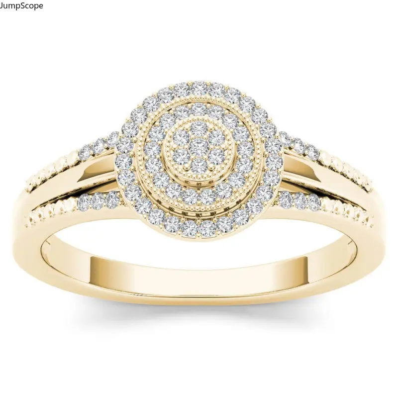 Triple Concentric Round Halo Cluster Split Shank Ring, Mirror Polished Gold Plated Full Pave White Zircon Dainty Finger Band For Women Engagement Wedding Daily Stack Wear