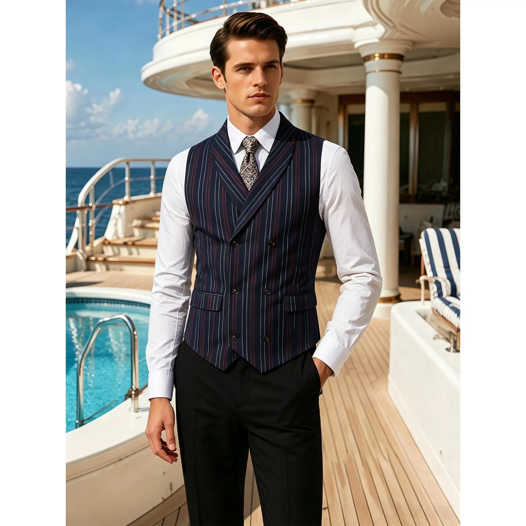 Men's Navy Pinstripe Double-Breasted Suit Vest - Slim Fit Crew Neck for Prom Wedding Business