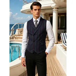 Men's Navy Pinstripe Double-Breasted Suit Vest - Slim Fit Crew Neck for Prom Wedding Business