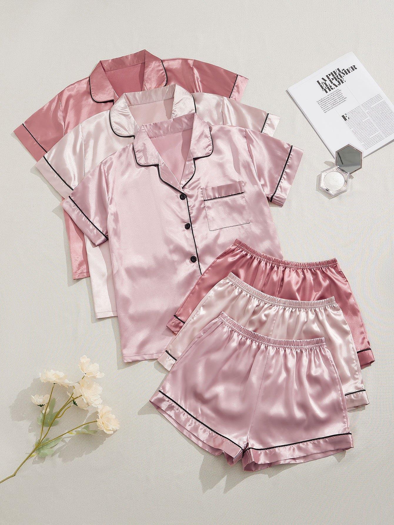 [3 Sets Satin Sleepwear] 3 Sets Satin Pajama Set, Short Sleeve Lapel Top & Elastic Waistband Shorts, Women's Sleepwear & Loungewear