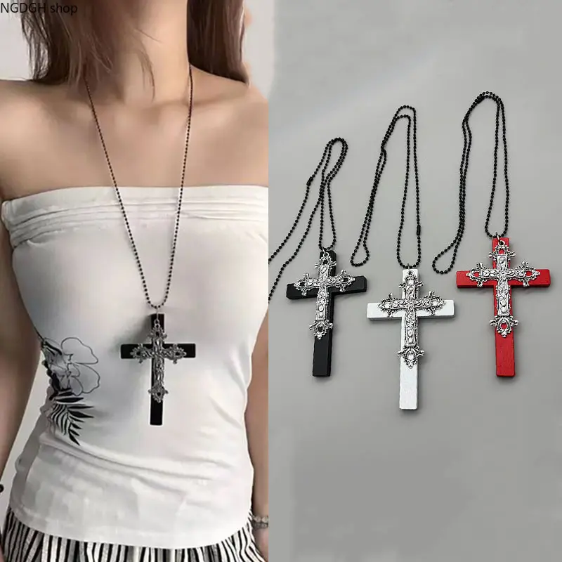 Punk Gothic Layered Cross Necklace - Antique Baroque Engraved Metal Wood-Inlaid Pendant, Adjustable Long Chain, Oversize, Lightweight Street Fashion Jewelry for Sports & Outdoor Enthusiasts