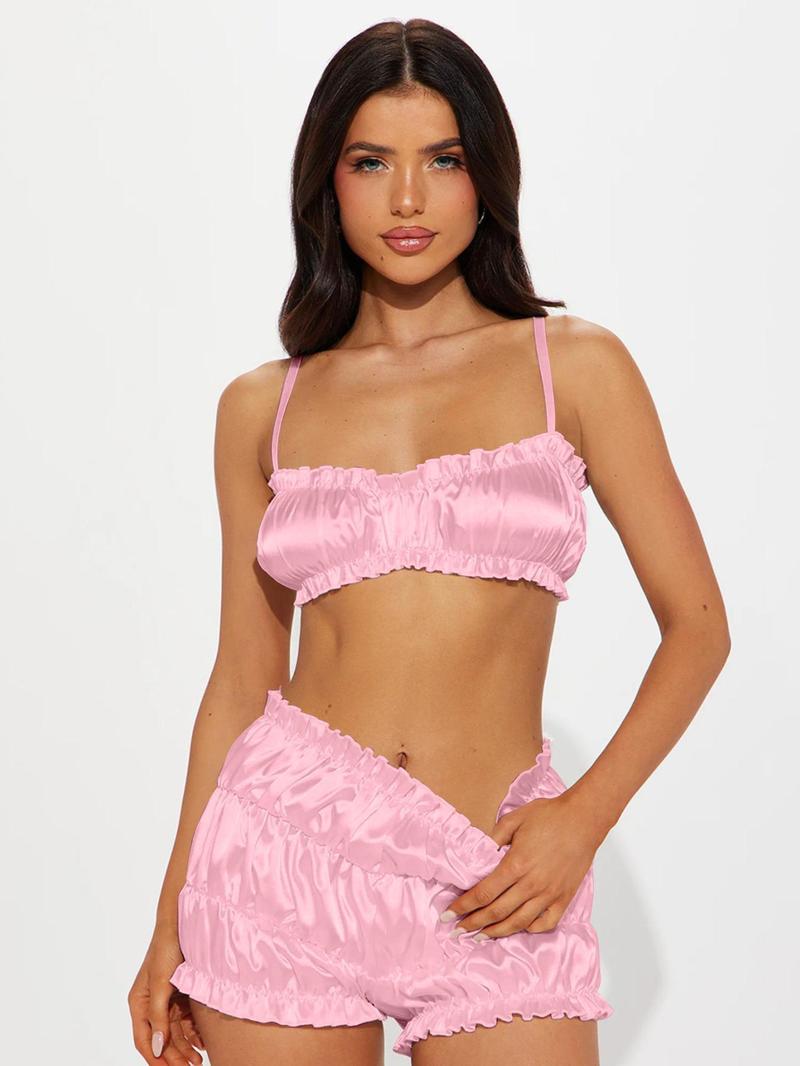 Women's Solid Frill Trim Crop Cami Top & Ruched Shorts Two-piece Set, Adjustable Spaghetti Strap Lingerie Top & Shorts Satin Set, Women's Clothes for Summer, Summer 2 Piece Set, Womenswear, Underwear, Lady