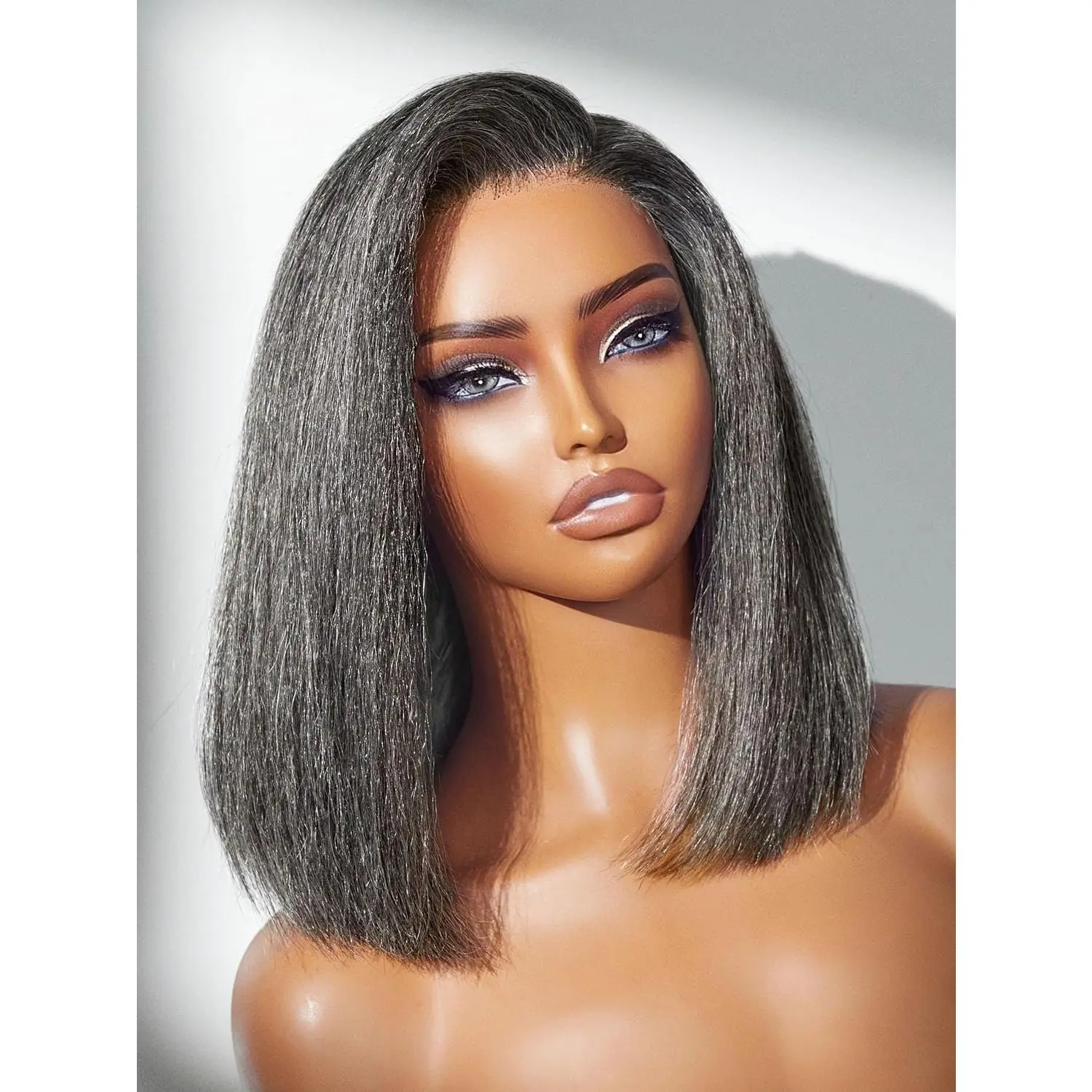12'' Grey Salt & Pepper Bob Wig Blunt Cut Bob Wig Pre Cut Glueless Wigs Glueless Lace Front 12 Inches Bob, Pre Cut Plucked  Lace Short Wig  To Go  Color Straight Side Part