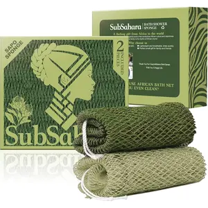 Authentic African Net Sponge 2 Pack, Exfoliating Bath & Shower Loofah for Body & Face, Gentle Scrubber for All Skin Types, Durable Polyester, Olive Green & Light Green