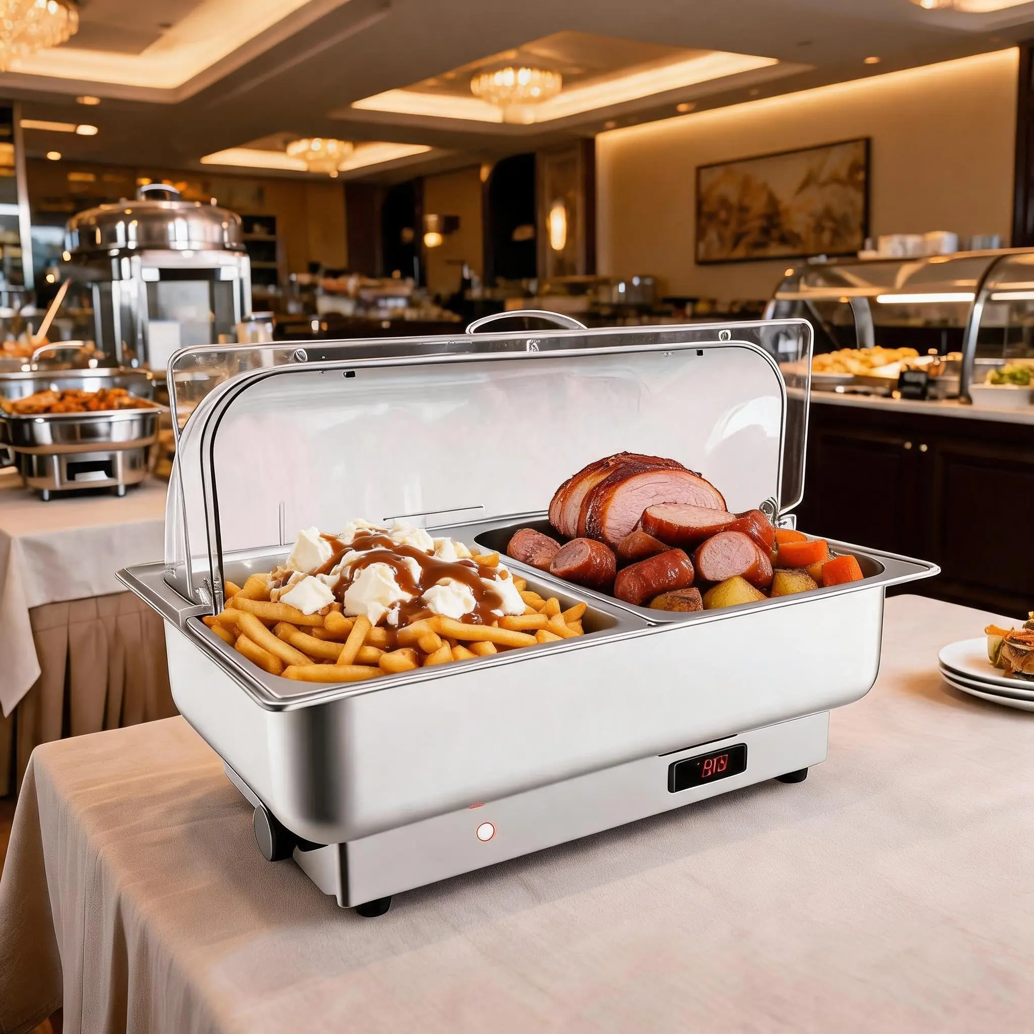 GARVEE Electric Chafing Dish Buffet Set with 400W Temperature Control (86-200°F), Stainless Steel Build, Roll-Top Transparent PC Lids, Multiple Sizes (2×4.5 QT, 3×3 QT, 9 QT), and Versatile Pan Configurations for Catering