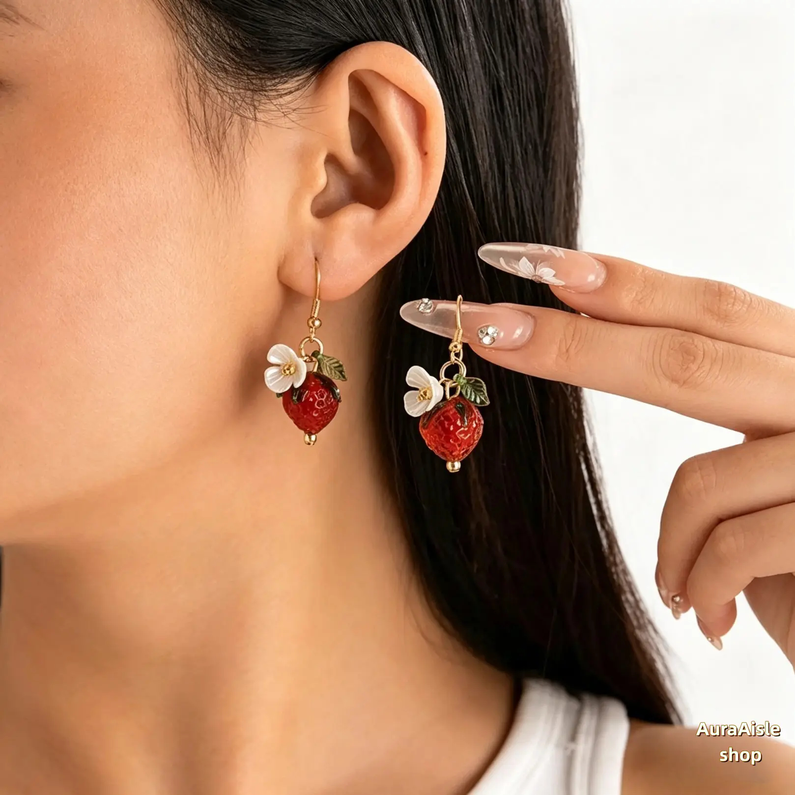Cute Strawberry Dangle Earrings For Women Girls, Hand‑Blown Glass Floral Fruit Drop Earrings, Boho Summer Statement Jewelry, Delicate Charm Accessories For Daily Outings, Weekend Hangouts & Casual Styling